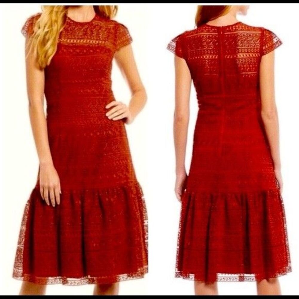 ANTONIO MELANI Red Ochre Lace Overlay Midi Dress, Mermaid-styleHem, Lined, Sz 0